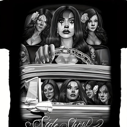 Side Show Cruising Lowrider Sexy Payasa Clown d Gonzales Art DGA T Shirt_ Design Street Trending Style Casual Love Lover Tee Mens Comfortable Cotton Round Neck Short Sleeves T-shirt 180g, Streetwear Fashion, Everyday Tee, Art