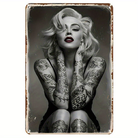 1pc Lightweight Vintage-Style Aluminum Wall Art - Monochrome Woman with Red Lips & Intricate Tattoos, Pre-Drilled Holes for Easy Hanging, Retro Decor for Room, Cafe, Kitchen, Bar, Home & Themed Parties
