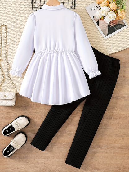 2pcs Solid Color Elegant Long-Sleeve Blouse Top + Comfy Slim Pants Set - Stylish & Casual Outfit for Girls Spring Fall Outdoor Gift