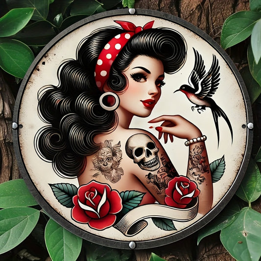 8x8 Inch Vintage Gothic Metal Wall Art - Female Face, Red Roses, Skull & Bird Tattoo-Style Sign - Heavy-Duty Aluminum Round Decor for, Bar, Office - Easy Hang Pin-Up Woman & Retro Room Decoration (Halloween/Christmas Gift)