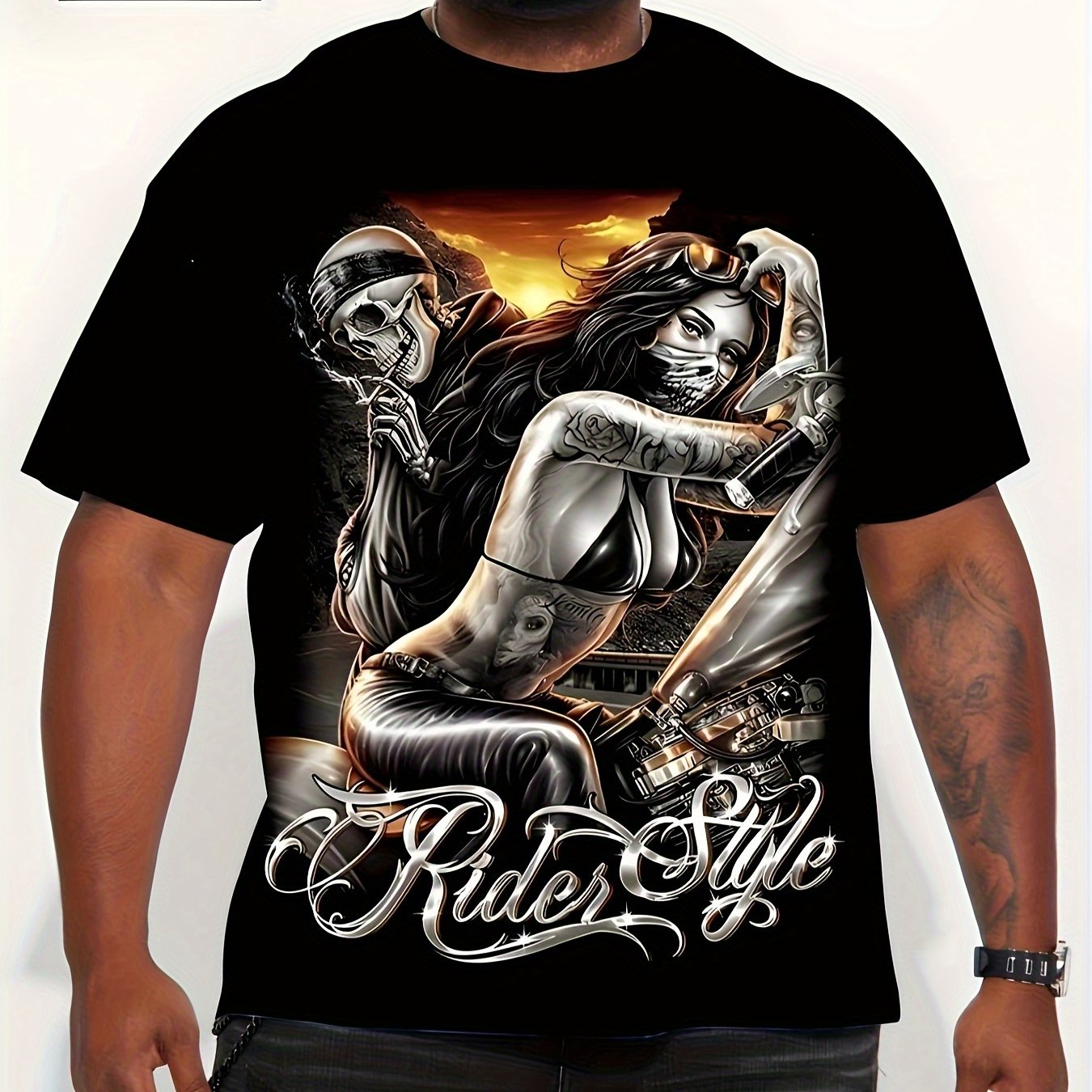 Men's Big & Tall Motorcycle Rider Graphic T-Shirt - Stretch Comfort Fit Tee with Sleeve Prints - Breathable Spandex Shirt for Motorcycle Enthusiasts - Machine Washable Biker Apparel (Plus Size Clothing), Casual Summer Wear, S