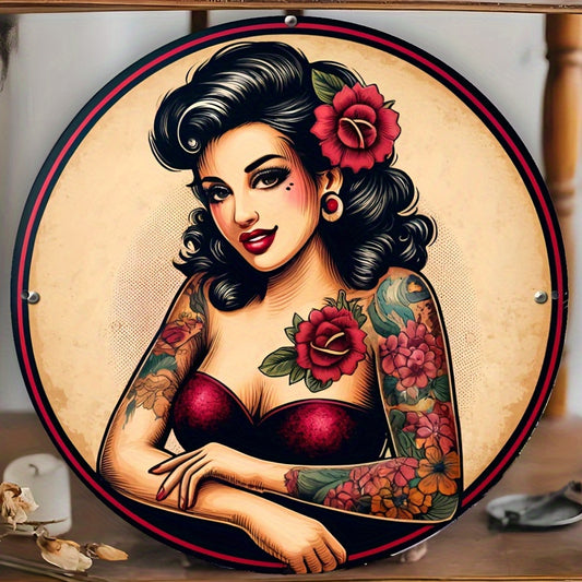 2D Flat - 1pc 7.87x7.87inch Aluminum 2D flat Mother'S and Father'S Day gifts home&seasonal decoration Vintage Tattooed Lady Foil Art Sign, Wall Decor, Water and Dust Resistant, Ideal for Home, Kitchen, Bathroom, Bar, Cafe, an