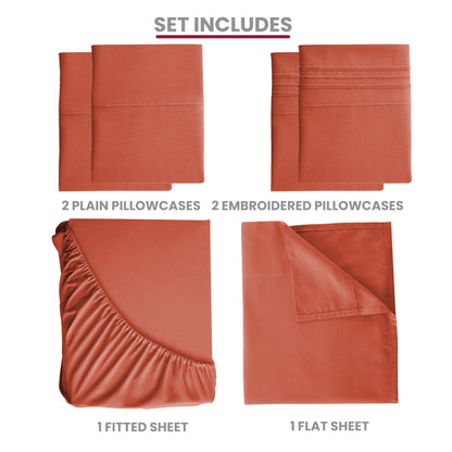 Lux Décor 6pc Solid Sheet Set - Brushed Microfiber Bed Sheets 16 Inches Deep Pockets - Embroidered & Plain Pillowcases