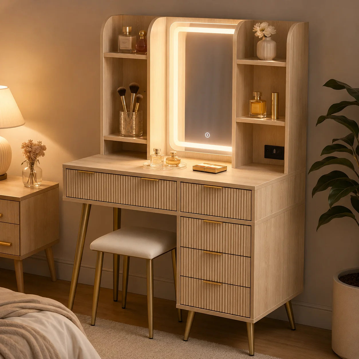 Fluted LED Vanity Set with Power Outlet & 5 Drawers