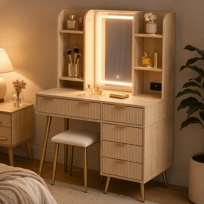 Fluted LED Vanity Set with Power Outlet & 5 Drawers
