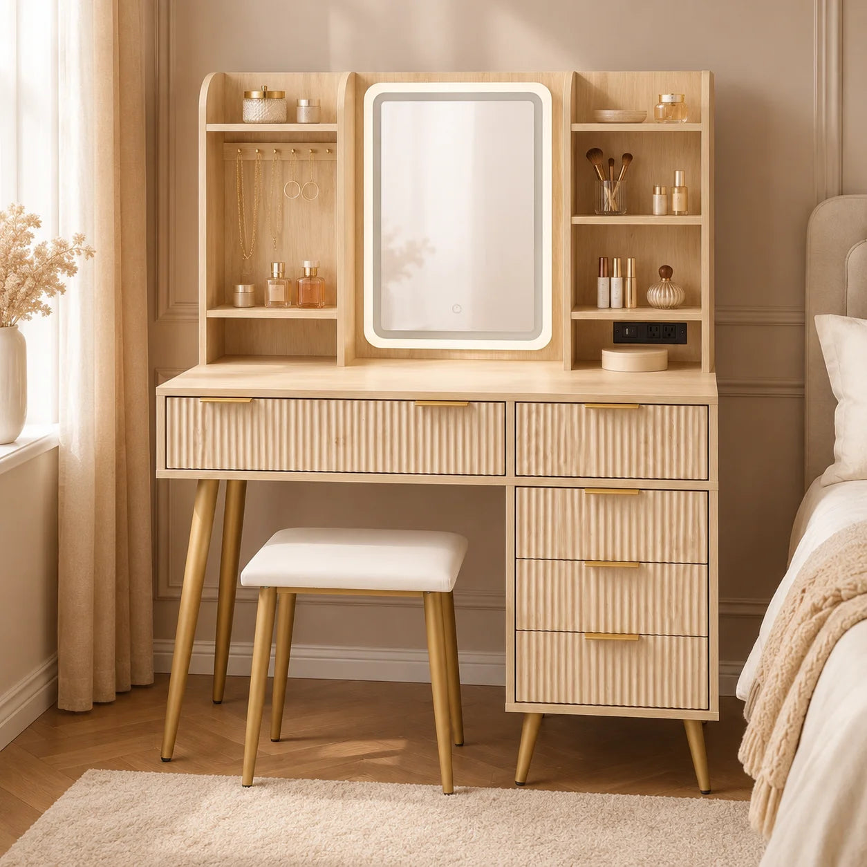 Fluted LED Vanity Set with Power Outlet & 5 Drawers