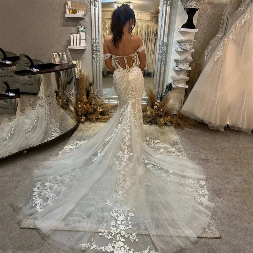 Off The Shoulder Mermaid Wedding Dresses for Bride Sexy Deep V-neck Appliques Floor Length Bridal Gowns Boho Vestidos De Noiva
