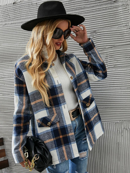 European and American cross-border women's fashionable and elegant plaid printed button coat