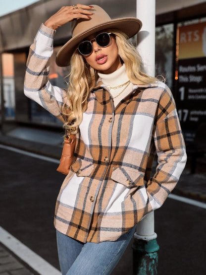 European and American cross-border women's fashionable and elegant plaid printed button coat