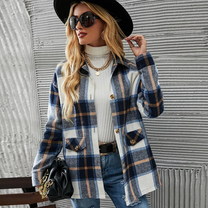 European and American cross-border women's fashionable and elegant plaid printed button coat
