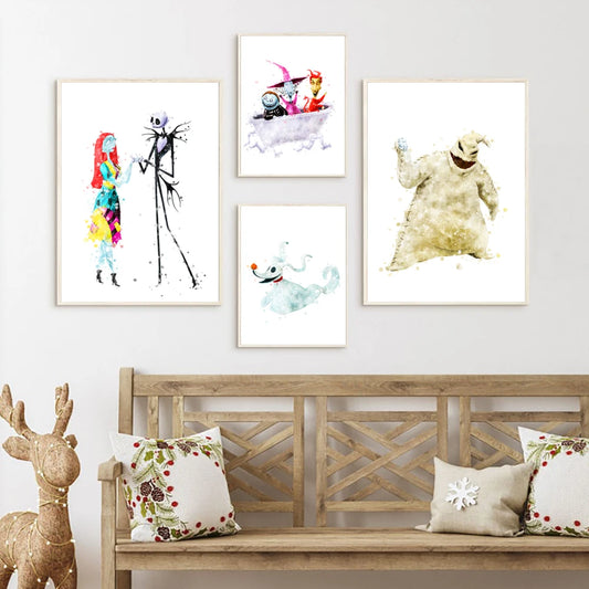 The Nightmare Before Christmas Art Prints Watercolor Posters Jack Sally Lock Shock Barre Canvas Painting Living Room Wall Decor