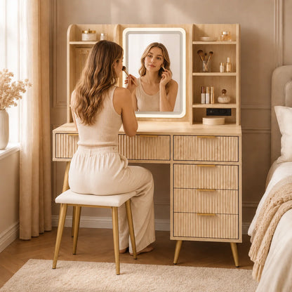 Fluted LED Vanity Set with Power Outlet & 5 Drawers