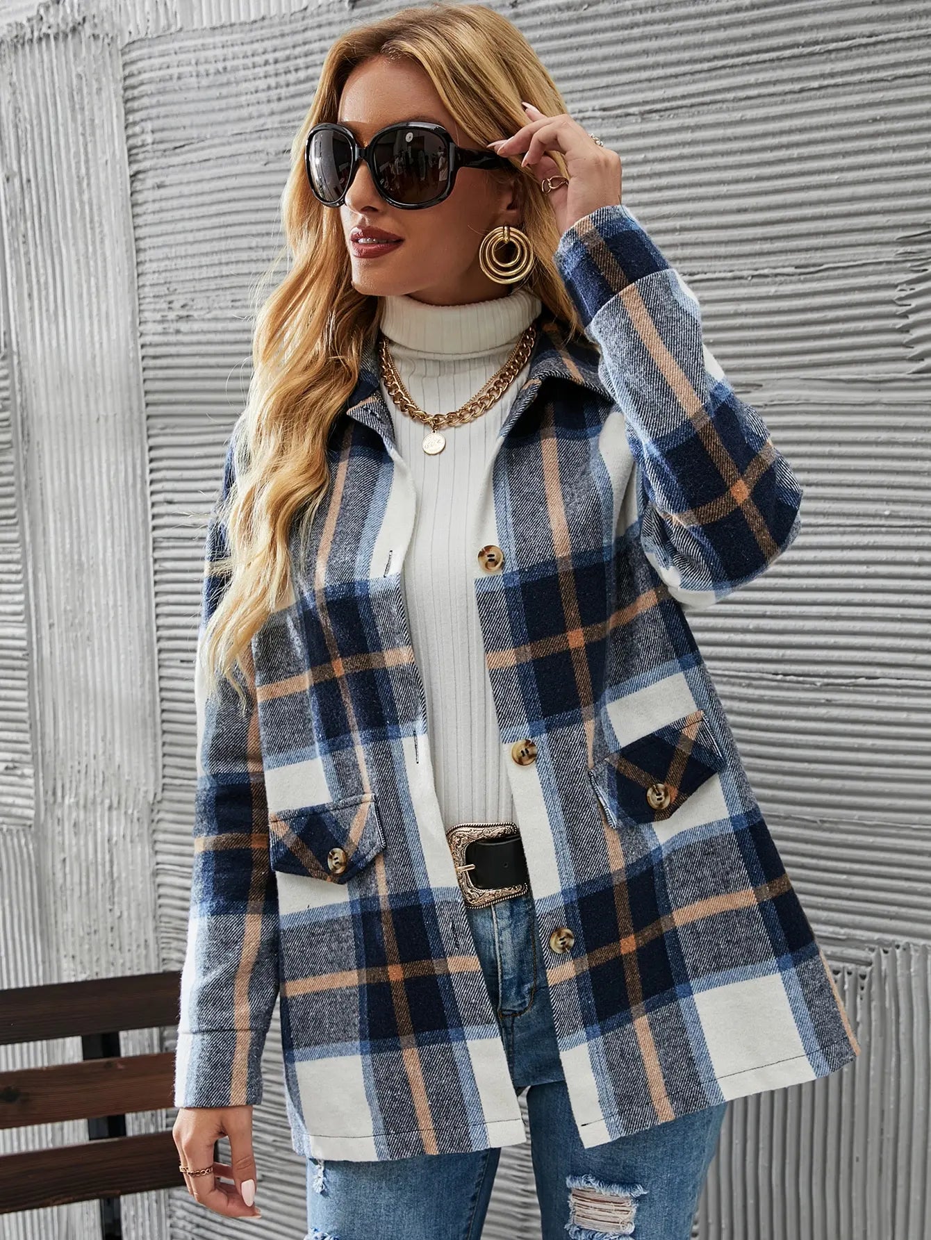 European and American cross-border women's fashionable and elegant plaid printed button coat