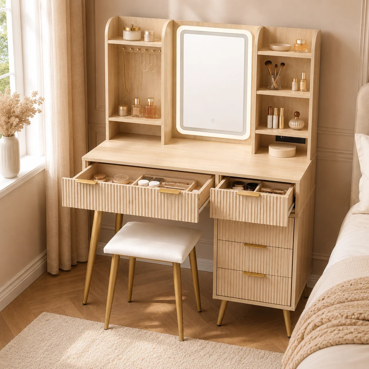 Fluted LED Vanity Set with Power Outlet & 5 Drawers