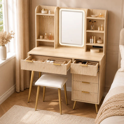 Fluted LED Vanity Set with Power Outlet & 5 Drawers