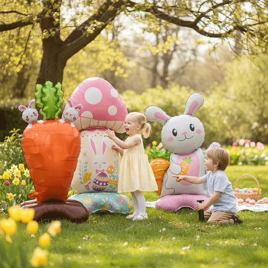 2Pcs Self Standing Easter Bunny Balloons Giant Bunny Carrot Chick Foil Balloon Easter Egg Decoration Home Holiday Party Supplies