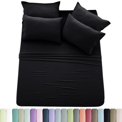 Lux Décor 6pc Solid Sheet Set - Brushed Microfiber Bed Sheets 16 Inches Deep Pockets - Embroidered & Plain Pillowcases
