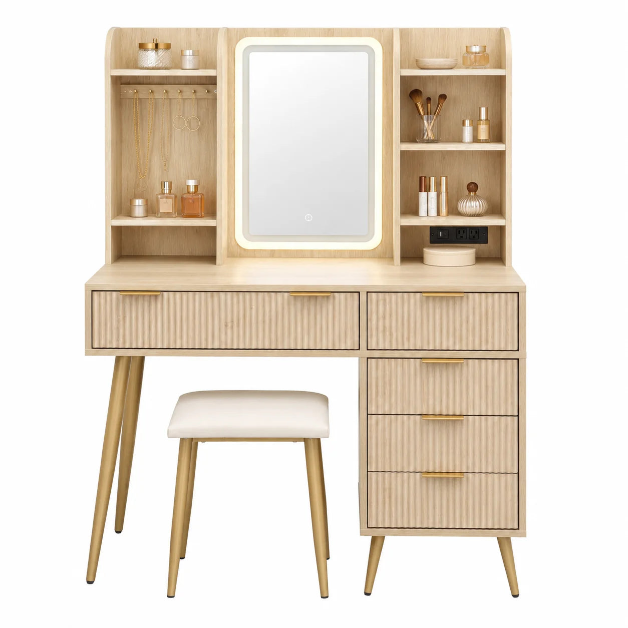 Fluted LED Vanity Set with Power Outlet & 5 Drawers
