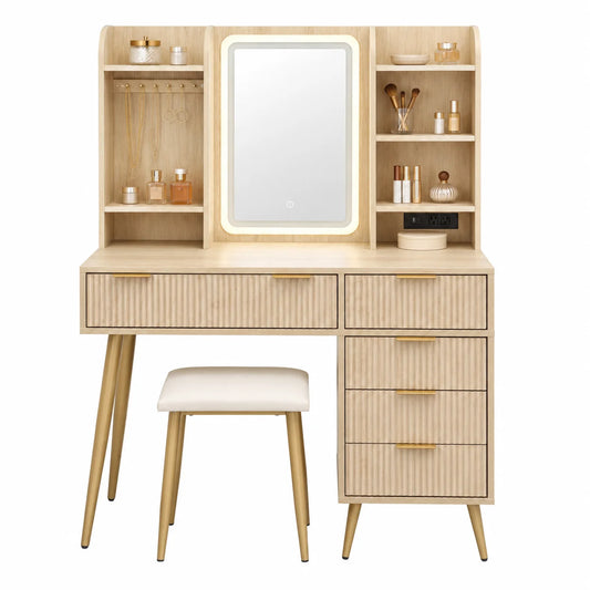Fluted LED Vanity Set with Power Outlet & 5 Drawers