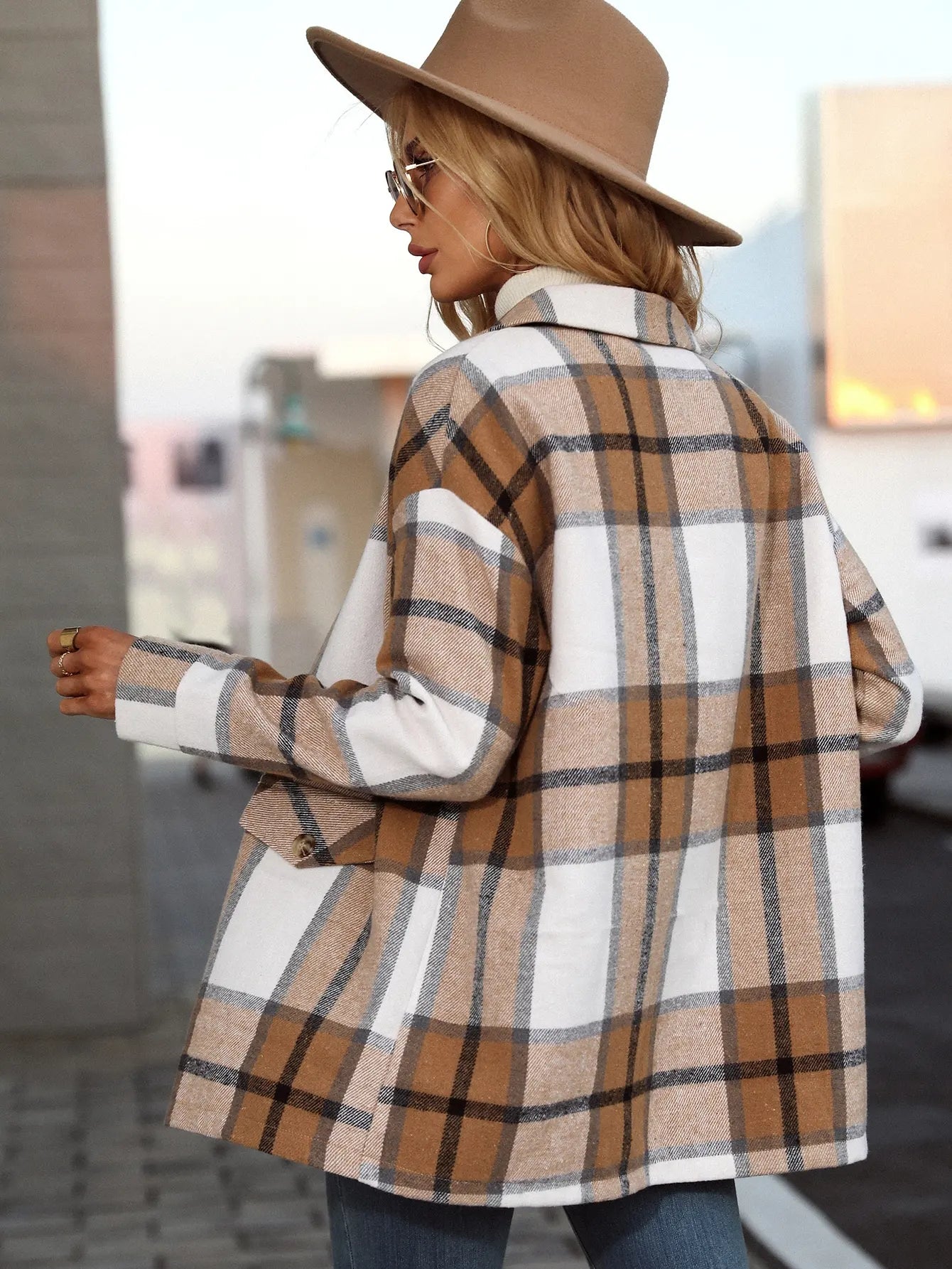 European and American cross-border women's fashionable and elegant plaid printed button coat