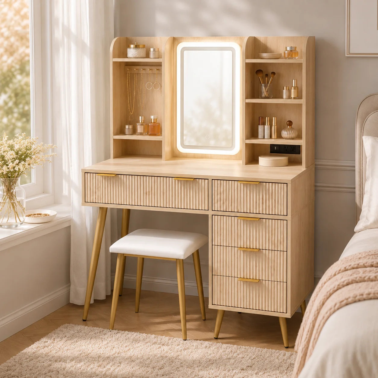 Fluted LED Vanity Set with Power Outlet & 5 Drawers