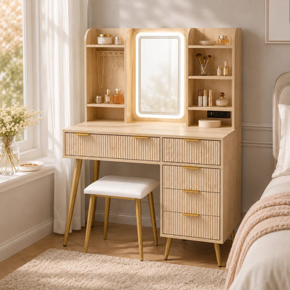 Fluted LED Vanity Set with Power Outlet & 5 Drawers