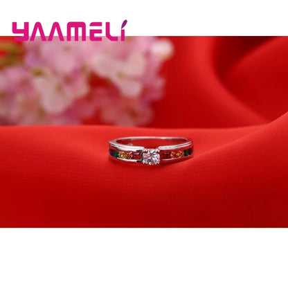 100% 925 Sterling Silver Color Rainbow Cubic Zircon Rings For Women Wedding Lovely Engagement Proposal Ring Accessory