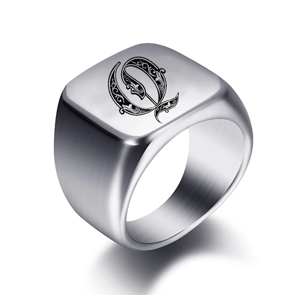 Initial Engrave Custom Rings For Men Stainless Steel Male Signet Blank Jewelry Ring Band High Polished Silver Tone U.S.Size