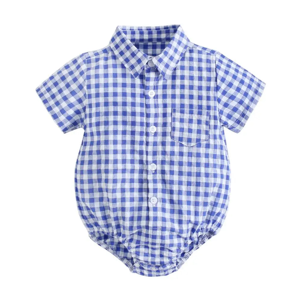 Baby Boys Bodysuits Short Sleeve Plaid Cotton
