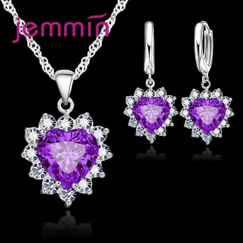 Solid 925 Silver Color Wedding Engagement Anniversary Gift Jewelry Sets Heart Pendant Hoop Earrings for Women Girls