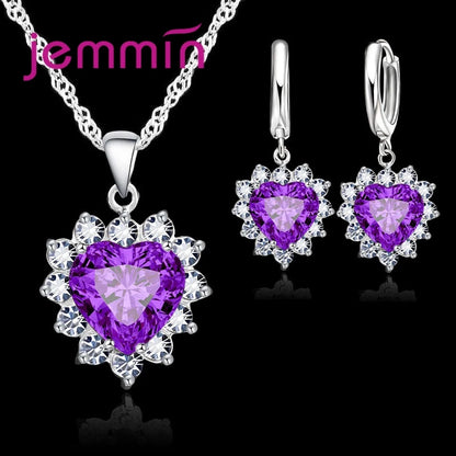 Solid 925 Silver Color Wedding Engagement Anniversary Gift Jewelry Sets Heart Pendant Hoop Earrings for Women Girls