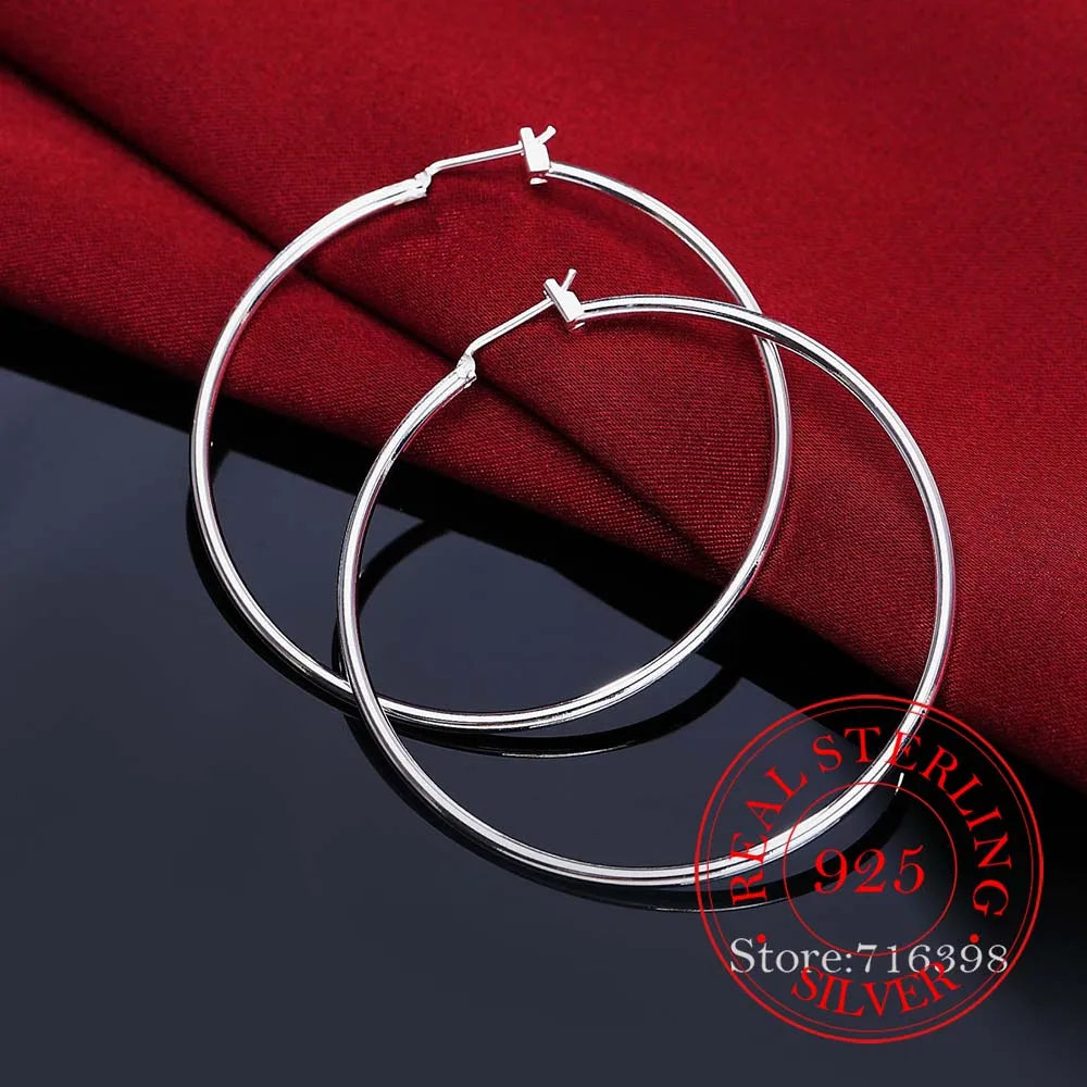 925 Sterling Silver Hoop Earrings – Korean Smooth Big Circle Vintage Style for Women, Party & Wedding Jewelry Gift