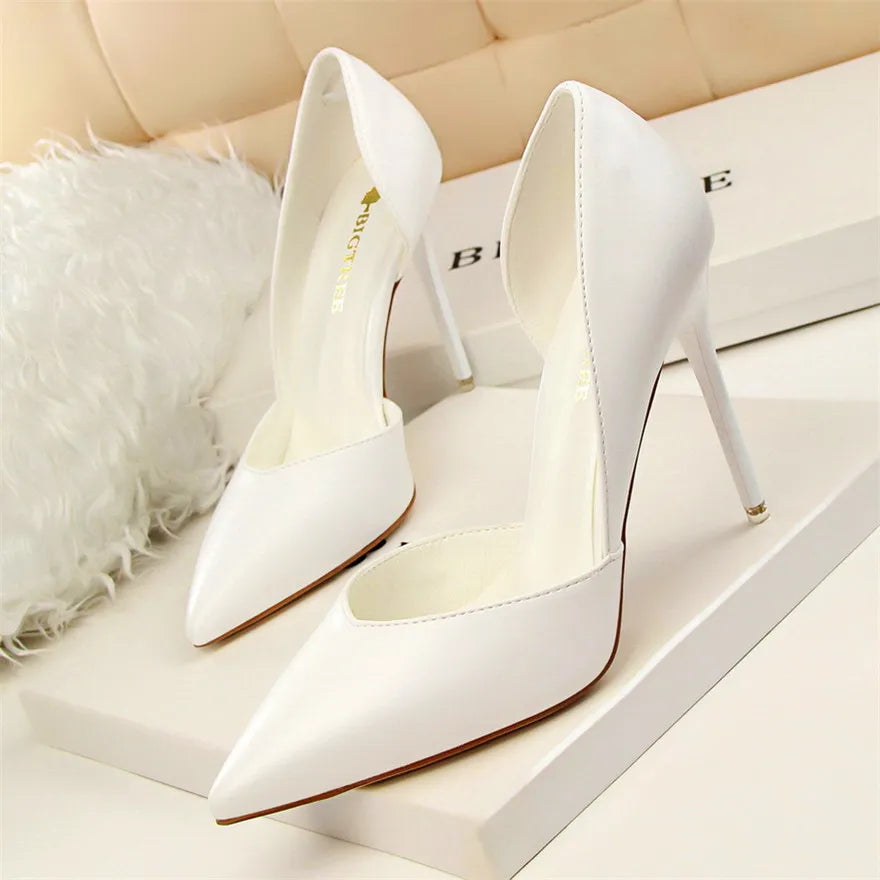 Soft PU Leather Show Thin Women Pumps Shallow Sexy Spring High Heels Pointed Toe Side Cut-Outs Ladies Party Shoes Office Fashion