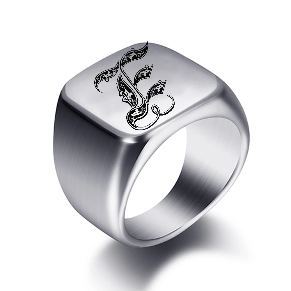 Initial Engrave Custom Rings For Men Stainless Steel Male Signet Blank Jewelry Ring Band High Polished Silver Tone U.S.Size