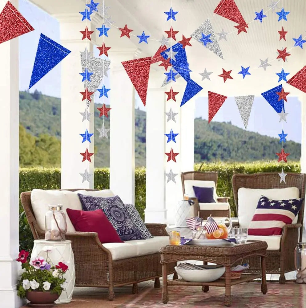 Fourth of July Glitter Star Garland – Red, Blue, Silver & White Triangle Banner for Independence Day Decor