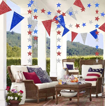 Fourth of July Glitter Star Garland – Red, Blue, Silver & White Triangle Banner for Independence Day Decor
