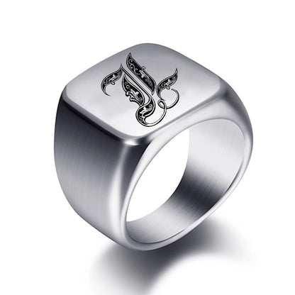 Initial Engrave Custom Rings For Men Stainless Steel Male Signet Blank Jewelry Ring Band High Polished Silver Tone U.S.Size