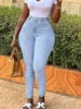 Low Price High Waist Skinny Casual Dark Button Fly Tight Distressed Jeans for Plus Size Women with Broken Hole 10 Word Limit