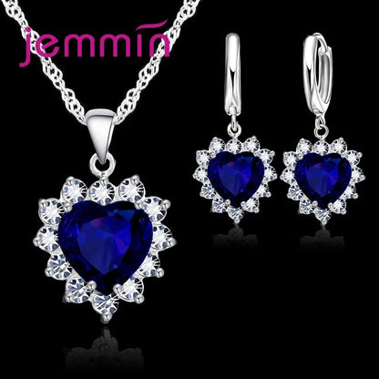 Solid 925 Silver Color Wedding Engagement Anniversary Gift Jewelry Sets Heart Pendant Hoop Earrings for Women Girls