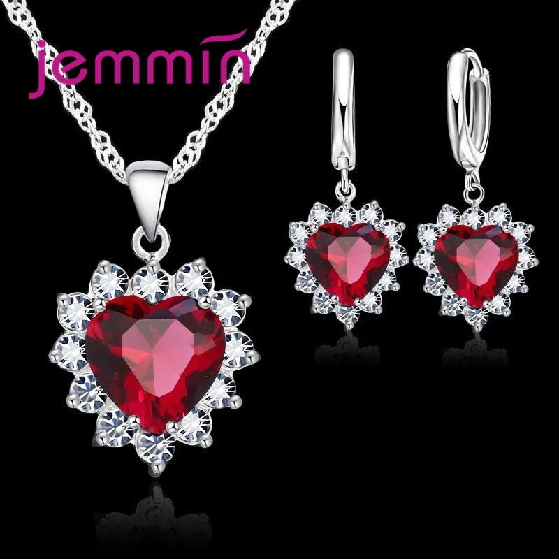 Solid 925 Silver Color Wedding Engagement Anniversary Gift Jewelry Sets Heart Pendant Hoop Earrings for Women Girls