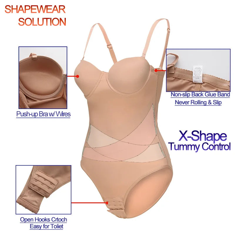 Women's Breathable Strapless Seamless Shapewear Bodysuit Slimming Body Shaper Tummy Control Detachable Shoulder Strap Female