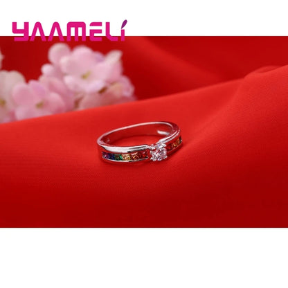 100% 925 Sterling Silver Color Rainbow Cubic Zircon Rings For Women Wedding Lovely Engagement Proposal Ring Accessory