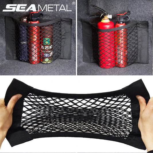 Universal Car Trunk Mesh Organizer – Tailgate Storage Net & Seat‑Back Pocket with Magic Tape