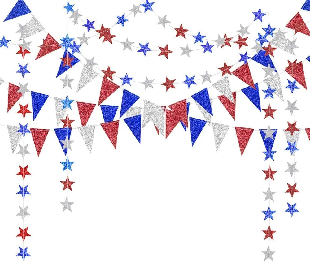 Fourth of July Glitter Star Garland – Red, Blue, Silver & White Triangle Banner for Independence Day Decor