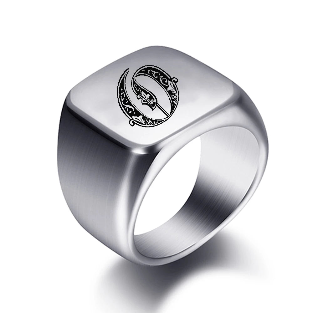 Initial Engrave Custom Rings For Men Stainless Steel Male Signet Blank Jewelry Ring Band High Polished Silver Tone U.S.Size