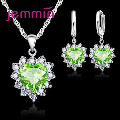 Solid 925 Silver Color Wedding Engagement Anniversary Gift Jewelry Sets Heart Pendant Hoop Earrings for Women Girls