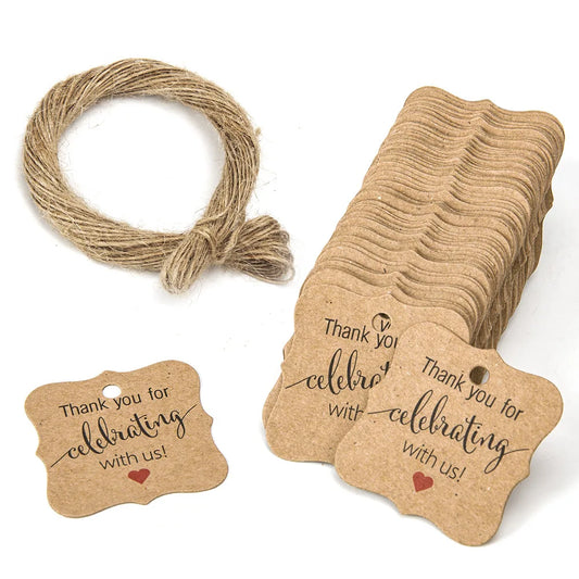 100Pcs Kraft Paper Gift Tags Thank You For Celebrating With Us Labels Handmade For Wedding Party Decoration Packaging Hang Paper
