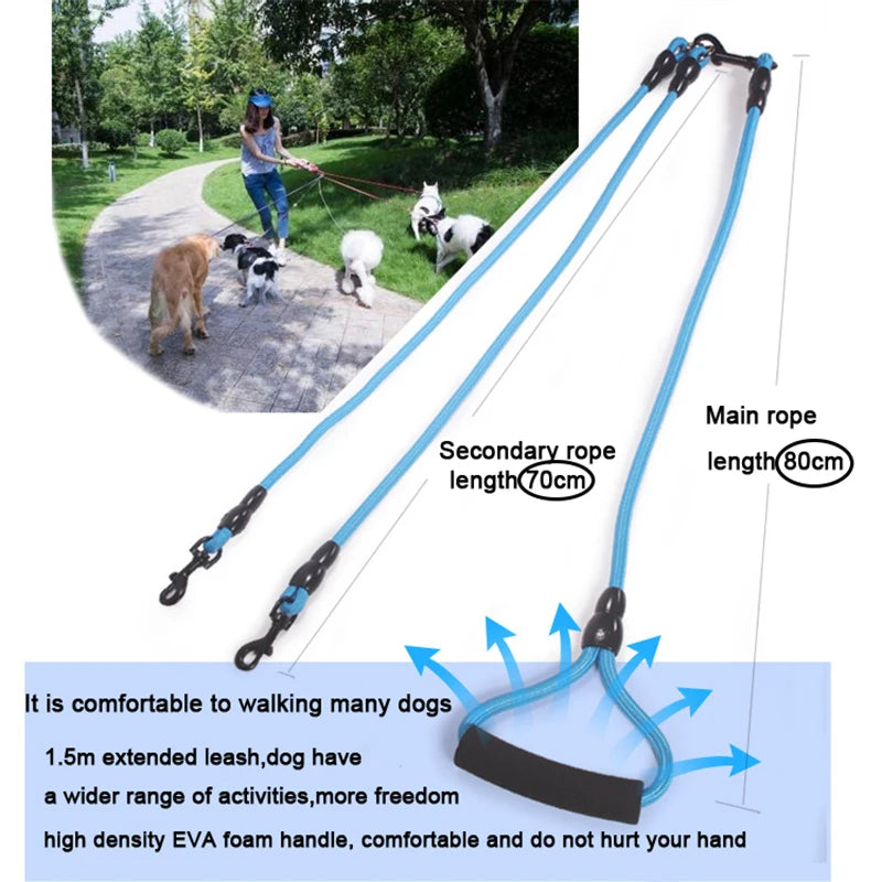 Pet Dog Leash Nylon Rope Double Dual Two Heads Dogs Leash 2 Way Coupler Harness
