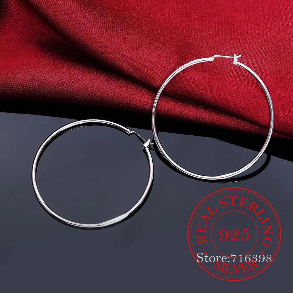 925 Sterling Silver Hoop Earrings – Korean Smooth Big Circle Vintage Style for Women, Party & Wedding Jewelry Gift