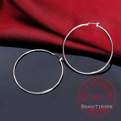 925 Sterling Silver Hoop Earrings – Korean Smooth Big Circle Vintage Style for Women, Party & Wedding Jewelry Gift